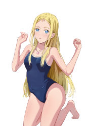 Rule 34 | 1girl, absurdres, bare shoulders, blonde hair, blue eyes, blue one-piece swimsuit, breasts, competition school swimsuit, highres, jewelry, kneeling, kofune ushio, long hair, looking at viewer, necklace, one-piece swimsuit, riyanekill, school swimsuit, shell, shell necklace, simple background, small breasts, solo, summertime render, swimsuit, very long hair, white background