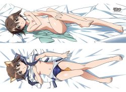 Rule 34 | 1girl, animal ears, bare legs, barefoot, bed sheet, blue one-piece swimsuit, breasts, brown eyes, brown hair, covering privates, covering breasts, dakimakura (medium), dog ears, dog tail, full body, looking at viewer, miyafuji yoshika, navel, no bra, official art, one-piece swimsuit, open clothes, panties, short hair, small breasts, smile, strike witches, swimsuit, tail, topless, underwear, white panties, world witches series