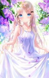 Rule 34 | 1girl, absurdres, bat hair ornament, blonde hair, blue eyes, breasts, bush, closed mouth, collarbone, dress, flower, hair down, hair ornament, highres, huge filesize, little busters!, long dress, long hair, looking at viewer, noumi kudryavka, ponpon nun, purple flower, skirt hold, sleeveless, sleeveless dress, small breasts, smile, solo, standing, sundress, very long hair, white dress