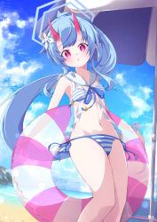 Rule 34 | 1girl, absurdres, beach, beach umbrella, bikini, blue archive, blue hair, blue sky, blurry, bow, bowtie, breasts, chise (blue archive), chise (swimsuit) (blue archive), cloud, cloudy sky, commentary request, depth of field, fumi (fumibeing), hair between eyes, hair ornament, halo, highres, horizon, horns, innertube, long hair, looking at viewer, navel, ocean, official alternate costume, oni horns, red eyes, sailor collar, side-tie bikini bottom, side ponytail, sidelocks, sky, sleeveless, small breasts, solo, stomach, striped bikini, striped clothes, swim ring, swimsuit, umbrella