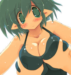 Rule 34 | 1girl, blush, grabbing another&#039;s breast, breasts, cleavage, grabbing, green eyes, green hair, large breasts, matching hair/eyes, one-piece swimsuit, original, pointy ears, sakaki (noi-gren), school swimsuit, short hair, solo, swimsuit