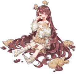 Rule 34 | 1girl, absurdly long hair, ark order, bandaid, bandaid on knee, bandaid on leg, bare shoulders, blush, brown footwear, brown hair, crying, cuisine dimension, dress, fish hair ornament, food, full body, hair ornament, hairband, head boppers, heart, long hair, looking at viewer, loose socks, off-shoulder sweater, off shoulder, official alternate costume, official art, one eye closed, open mouth, red eyes, ronopu, sleeves past fingers, sleeves past wrists, slippers, socks, solo, striped clothes, striped socks, stuffed animal, stuffed fish, stuffed toy, sweater, sweater dress, symbol-shaped pupils, tachi-e, taiyaki, taiyaki (cuisine dimension), tears, torn clothes, transparent background, very long hair, wagashi, wiping tears