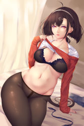 Rule 34 | 1girl, ahoge, alternate costume, anchor hair ornament, arm support, azur lane, black bra, blurry, blurry background, blush, bra, breasts, brown pantyhose, cardigan lift, cleavage, closed mouth, clothes lift, covered erect nipples, earrings, groin, hair ornament, hairband, highres, independence (azur lane), indoors, jewelry, lace, lace-trimmed bra, lace trim, large breasts, lifting own clothes, lingerie, long hair, looking at viewer, nail polish, navel, on bed, pantyhose, pink lips, pleated skirt, red eyes, shiro usagi, shirt lift, sidelocks, sitting, skirt, unworn skirt, slit pupils, solo, stomach, underwear