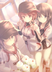 Rule 34 | 3girls, alice gear aegis, alicia (schrdingerscat), arm around waist, arms up, baseball cap, baseball uniform, behind another, brown eyes, brown headwear, chair, cherry, commentary request, cross-laced footwear, cup, disposable cup, double v, expressionless, food, from above, fruit, grin, hand on another&#039;s arm, hat, hat over one eye, highres, himukai rin, hirasaka yotsuyu, holding, holding tray, id card, kurogane yuuto, long sleeves, looking at viewer, multiple girls, pink hair, red eyes, shoes, short hair, short sleeves, smile, sneakers, socks, sportswear, standing, tray, v, whipped cream, white legwear
