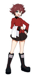 Rule 34 | 1girl, absurdres, aqua eyes, black footwear, black skirt, boots, commentary, cranberry (girls und panzer), full body, girls und panzer, hand on own hip, highres, holding, holding towel, jacket, knee boots, long sleeves, looking at viewer, medium hair, messy hair, military uniform, miniskirt, one eye closed, open mouth, pleated skirt, red hair, red jacket, shibainutank, simple background, skirt, smile, solo, spiked footwear, st. gloriana&#039;s military uniform, standing, tongue, tongue out, towel, uniform, white background