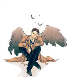 Rule 34 | 1boy, animification, bad id, bad pixiv id, blue eyes, brown hair, castiel, coat, crossed legs, feathers, male focus, mikann0206, necktie, sitting, solo, supernatural (tv series), trench coat, wings