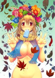 Rule 34 | 1girl, absurdres, autumn, autumn leaves, blonde hair, blush, breasts, censored, censored nipples, cleavage, convenient censoring, double v, fingernails, flower, food, hair flower, hair ornament, head wreath, highres, huge filesize, large breasts, leaf, leaf censor, lily of the valley, long hair, maple leaf, mouth hold, nail polish, naked scarf, navel, nude, orange eyes, original, out-of-frame censoring, popsicle, scan, scarf, scarf over breasts, solo, sweat, tsuji santa, tulip, v