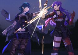 Rule 34 | 2girls, armor, ashiwara yuu, asymmetrical clothes, battle, black coat, black shorts, blue eyes, blue hair, breasts, brown pantyhose, bustier, byleth (female) (fire emblem), byleth (fire emblem), cape, choker, cleavage, closed mouth, coat, duel, fighting, fire emblem, fire emblem: three houses, fire emblem warriors: three hopes, gloves, hair between eyes, hair bun, hair over one eye, highres, holding, holding sword, holding weapon, large breasts, long hair, medium hair, multiple girls, navel, nintendo, pantyhose, pantyhose under shorts, print pantyhose, purple eyes, purple hair, shez (female) (fire emblem), shez (fire emblem), shorts, single hair bun, sword, thigh strap, weapon
