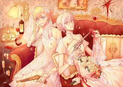 Rule 34 | 2girls, bare shoulders, blonde hair, blood, blue eyes, bottle, bouquet, braid, couch, detached sleeves, dress, earrings, fate (series), flower, glass, gloves, gun, hair between eyes, hair flower, hair ornament, highres, holding, holding gun, holding weapon, implied yuri, indoors, jewelry, leaning on person, long hair, lord el-melloi ii case files, lying, multiple girls, olga marie animusphere, phone, pillow, reines el-melloi archisorte, ring, short hair, sitting, smile, table, tanxi mei piqi, weapon, wedding dress, white dress, white flower, yellow gloves