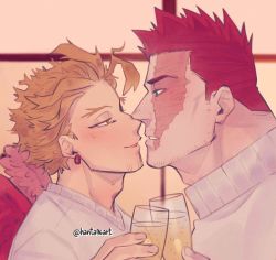 Rule 34 | 2boys, beard, blonde hair, blue eyes, body markings, boku no hero academia, burn scar, champagne flute, close-up, couple, cup, drinking glass, earrings, endeavor (boku no hero academia), eye contact, face-to-face, facial hair, facial scar, feathered wings, feathers, goatee, half-closed eyes, hanta96, hawks (boku no hero academia), highres, imminent kiss, jewelry, light blush, looking at another, male focus, mature male, multiple boys, mustache, noses touching, parted lips, red feathers, red hair, scar, scar across eye, scar on cheek, scar on face, scar on mouth, short hair, size difference, spiked hair, stud earrings, sweater, twitter username, very short hair, wings, yaoi, yellow eyes