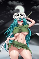Rule 34 | 1girl, absurdres, bleach, breasts, green hair, highres, large breasts, long hair, midriff, navel, nelliel tu odelschwanck, revealing clothes, solo, sword, torn clothes, underboob, weapon