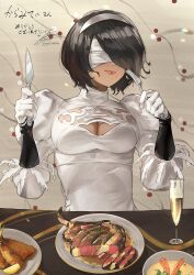 Rule 34 | 1girl, alcohol, black hair, blindfold, breasts, champagne, champagne flute, cleavage, cleavage cutout, closed mouth, clothing cutout, cup, dress, drinking glass, fadingz, food, fork, gloves, hair over one eye, hairband, highres, holding, holding fork, holding knife, knife, lips, meat, medium breasts, mole, mole under mouth, nier (series), nier:automata, pixiv id, plate, short hair, signature, solo, white dress, white gloves, white hairband, 2p (nier:automata)