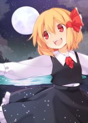Rule 34 | 1girl, akagashi hagane, blue eyes, full moon, hair ribbon, lake, moon, open mouth, outstretched arms, red eyes, ribbon, rumia, solo, touhou