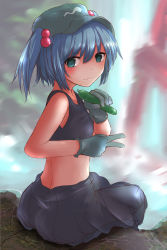 Rule 34 | 1girl, bad id, bad pixiv id, bare shoulders, blue hair, crop top, cucumber, food, forest, from behind, gloves, green eyes, hat, highres, kawashiro nitori, looking at viewer, looking back, midriff, mkcrf, nature, pants, rock, short hair, sitting, sitting on object, sitting on rock, solo, tank top, touhou, twintails, two side up, water, waterfall