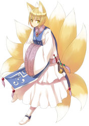 Rule 34 | 1girl, animal ears, blonde hair, boots, embellished costume, expressionless, female focus, fox ears, fox tail, hands in opposite sleeves, multiple tails, nabeshima tetsuhiro, no headwear, no headwear, short hair, slit pupils, solo, tail, tassel, touhou, wide sleeves, yakumo ran, yellow eyes