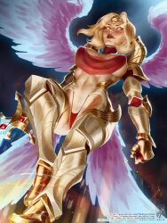 Rule 34 | 1girl, alternate costume, angel wings, armored boots, boots, breasts, colored skin, covered erect nipples, full body, gauntlets, glowing, glowing eyes, grey wings, highres, holding, holding sword, holding weapon, kayle (league of legends), large breasts, league of legends, multicolored background, navel, panties, parted bangs, pink skin, red lips, red panties, solo, sword, teeth, themaestronoob, underwear, watermark, weapon, web address, wings, yellow eyes