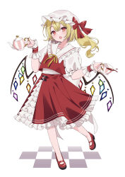 1girl :o blonde_hair blush bow check_commentary checkered_floor commentary_request cup fang flandre_scarlet frilled_skirt frills full_body hat hat_bow highres holding holding_cup holding_teapot kamachi_(kamati0maru) long_hair mary_janes mob_cap neck_ribbon one_side_up open_mouth pointy_ears puffy_short_sleeves puffy_sleeves red_bow red_eyes red_shoes red_skirt red_vest ribbon shirt shoes short_sleeves skirt solo spilling standing standing_on_one_leg teacup teapot touhou vest white_background white_hat white_shirt wings wrist_cuffs yellow_ribbon