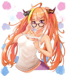 1girl, absurdres, adjusting eyewear, ahoge, bangs, bare shoulders, black-framed eyewear, blonde hair, blunt bangs, bow, breasts, bright pupils, camisole, cleavage, cleavage cutout, clothing cutout, collarbone, cropped torso, diagonal-striped bow, dragon girl, dragon horns, dragon tail, eyebrows visible through hair, fang, frilled camisole, glasses, hair intakes, hands up, highlights, highres, hololive, horn bow, horns, kenseihue, kiryu coco, long hair, looking at viewer, medium breasts, messy hair, multicolored, multicolored eyes, multicolored hair, official alternate costume, orange hair, parted lips, pointy ears, purple eyes, red eyes, simple background, skin fang, slit pupils, smile, solo, streaked hair, striped, striped bow, tail, twintails, upper body, virtual youtuber, white camisole