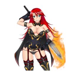Rule 34 | 1girl, arms up, bare shoulders, blue eyes, breasts, cape, cleavage, dmm, fire, flaming sword, flaming weapon, gloves, hand on own hip, large breasts, legs, long hair, looking at viewer, luvia, panties, quiz of valkyrie, red hair, simple background, smile, solo, standing, sword, thighs, underwear, weapon, white background