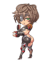 Rule 34 | 1girl, :&lt;, adapted costume, amatsu anri, artist request, ass, blush stickers, bodysuit, boots, breasts, butt crack, chibi, clenched hand, curvy, eyepatch, female focus, fighting stance, fingerless gloves, full body, gloves, green eyes, highleg, highleg leotard, highres, huge ass, impossible bodysuit, impossible clothes, impossible leotard, large breasts, leotard, looking at viewer, looking back, navel, revealing clothes, shiny clothes, shiny skin, solo, taimanin (series), taimanin rpgx, taimanin suit, thong, thong leotard, white background, wide hips