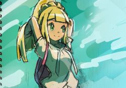 Rule 34 | 1girl, arms behind head, arms up, backpack, bag, blonde hair, blue sailor collar, blunt bangs, braid, breasts, closed mouth, commentary request, creatures (company), french braid, game freak, green eyes, hair lift, hands in hair, high ponytail, ikki (degutaro ), lifted by self, lillie (pokemon), long hair, looking away, mixed media, navel, nintendo, pokemon, pokemon sm, sailor collar, shirt, short sleeves, sidelocks, single braid, small breasts, smile, solo, stomach, white shirt