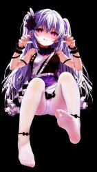 Rule 34 | 1girl, bare shoulders, benghuai xueyuan, black background, devil heavens, extraction, feet, full body, heart, heart-shaped eyes, heart-shaped pupils, highres, honkai (series), long hair, looking at viewer, no shoes, non-web source, panties, pantyhose, purple hair, simple background, solo, symbol-shaped pupils, tagme, third-party edit, toes, underwear, very long hair, yog-sothoth (benghuai xueyuan)