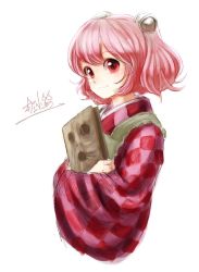 Rule 34 | 1girl, bell, book, character name, checkered clothes, checkered kimono, female focus, hair bell, hair ornament, holding, japanese clothes, kimono, kitayuki kajika, long sleeves, looking at viewer, motoori kosuzu, pink hair, red eyes, red hair, short hair, short twintails, simple background, smile, solo, touhou, twintails, two side up, upper body, white background, wide sleeves
