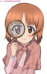 Rule 34 | 1girl, artist name, brown eyes, brown hair, capelet, closed mouth, commentary, dress, frilled sleeves, frills, girls und panzer, holding, holding magnifying glass, kayabakoro, leaning forward, long sleeves, looking at viewer, magnifying glass, nishizumi miho, pink capelet, pink dress, plaid capelet, short hair, simple background, smile, solo, twitter username, upper body, white background