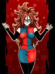 Rule 34 | 1girl, android 21, arm warmers, arms up, artist request, bare shoulders, big hair, black-framed eyewear, black nails, black pantyhose, blue eyes, breasts, brown hair, curly hair, dragon ball, dragon ball fighterz, dress, earrings, female focus, glasses, highres, hoop earrings, jewelry, long hair, multicolored clothes, multicolored dress, nail polish, pantyhose, ring, solo