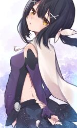 Rule 34 | absurdres, arched back, arms behind back, back, backless outfit, bare shoulders, black hair, breasts, cape, cowboy shot, detached sleeves, draw happy set, expressionless, fate/kaleid liner prisma illya, fate (series), from side, hair between eyes, hair ornament, hairclip, head tilt, highres, holding own arm, leotard, long sleeves, looking at viewer, medium hair, miyu edelfelt, purple leotard, purple sleeves, small breasts, twintails, white cape, yellow eyes