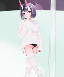 Rule 34 | 1girl, absurdres, ass, black panties, bob cut, chiune (user fukt3537), eyeshadow, fang, fang out, fate/grand order, fate (series), forehead jewel, from behind, highres, hood, hoodie, lace, lace-trimmed panties, lace trim, looking at viewer, looking back, makeup, open clothes, open hoodie, panties, pink lips, purple eyes, purple hair, short eyebrows, short hair, shuten douji (fate), sleeves past wrists, smile, solo, striped clothes, striped hoodie, striped thighhighs, thighhighs, underwear, walking, white hoodie, white thighhighs