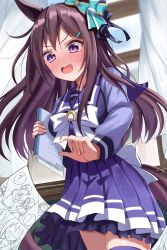 Rule 34 | animal ears, blush, commentary request, crouching start, curtains, hair ornament, hairclip, highres, horse ears, horse girl, horse tail, looking at viewer, mejiro dober (umamusume), notebook, open mouth, paper, purple eyes, school uniform, solo focus, sweat, nervous sweating, tail, tracen school uniform, umamusume, window
