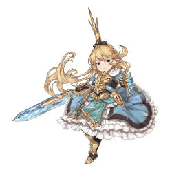 Rule 34 | 1girl, armor, blonde hair, blue eyes, charlotta (granblue fantasy), closed mouth, crown, full body, granblue fantasy, harvin, holding, holding sword, holding weapon, ivris, long hair, pointy ears, shield, simple background, solo, standing, sword, weapon, white background