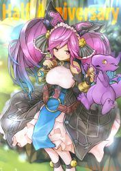 Rule 34 | &gt;:), 1girl, anniversary, bare shoulders, bell, black coat, blue hair, bow, bread, breasts, cleo (dragalia lost), coat, commentary, detached sleeves, dragalia lost, dragon, dragon wings, dress, eating, english commentary, english text, feeding, food, giving, gradient hair, gurugurere, hair bell, hair bow, hair ornament, highres, hikage (dragalia lost), large breasts, multicolored hair, purple eyes, purple hair, smile, twintails, twitter username, watermark, white dress, white legwear, wings, yellow eyes