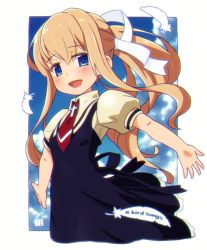 Rule 34 | 1girl, :d, air (visual novel), black dress, blonde hair, blue eyes, blue sky, blush, brown shirt, cloud, collared shirt, commentary request, day, dress, english text, feathers, hair between eyes, hair ribbon, kamio misuzu, looking at viewer, mawaru (mawaru), necktie, open mouth, outstretched arms, ponytail, puffy short sleeves, puffy sleeves, red necktie, ribbon, shirt, short necktie, short sleeves, sky, sleeveless, sleeveless dress, smile, solo, white feathers, white ribbon
