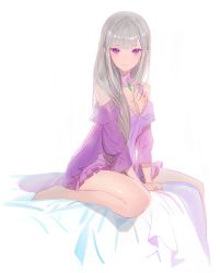 Rule 34 | 10s, 1girl, arm between legs, arm support, bad id, bad pixiv id, bare legs, barefoot, between legs, blunt bangs, blush scarlet, breasts, cleavage, closed mouth, colored eyelashes, crystal, detached sleeves, dress, elf, emilia (re:zero), eyebrows, frilled dress, frills, grey hair, hair down, hand between legs, kneeling, long hair, looking at viewer, md5 mismatch, medium breasts, nightgown, on bed, pointy ears, purple dress, purple eyes, re:zero kara hajimeru isekai seikatsu, short dress, simple background, sitting, sketch, solo, wariza, white background