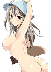Rule 34 | 10s, 1girl, aburahana, ass, blue hat, blush, breasts, brown eyes, brown hair, girls und panzer, hat, instrument, kantele, large breasts, long hair, looking at viewer, mika (girls und panzer), nude, smile, solo