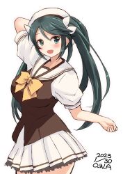 Rule 34 | 1girl, breasts, brown shirt, cosplay, cowboy shot, dated, green eyes, green hair, hat, highres, isuzu (kancolle), kantai collection, large breasts, long hair, looking at viewer, national verbena academy school uniform, one-hour drawing challenge, owa (ishtail), pleated skirt, puffy short sleeves, puffy sleeves, sailor collar, sailor hat, sailor shirt, school uniform, serafuku, shirt, short sleeves, shuffle!, skirt, solo, twintails, twitter username, two-tone shirt, white hat, white sailor collar, white skirt