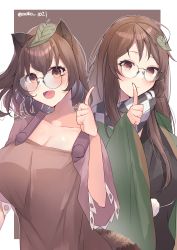 Rule 34 | 2girls, :d, absurdres, animal ears, aoko (myut7287), artist name, black kimono, breasts, brown background, brown eyes, brown hair, brown shirt, checkered clothes, checkered scarf, cleavage, closed mouth, dual persona, futatsuiwa mamizou, glasses, green kimono, highres, japanese clothes, kimono, leaf, leaf on head, long hair, looking at viewer, multiple girls, open mouth, raccoon ears, raccoon girl, raccoon tail, round eyewear, scarf, shirt, short hair, sleeves past elbows, smile, tail, touhou, two-tone background, white background