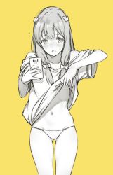 Rule 34 | 10s, 1girl, arm up, blush, bow, cellphone, clothes lift, collarbone, cowboy shot, eromanga sensei, full-face blush, greyscale, hair bow, half-closed eyes, holding, holding phone, izumi sagiri, lifted by self, long hair, monochrome, navel, nose blush, off-shoulder shirt, off shoulder, panties, parted lips, phone, saboten, selfie, shirt, shirt lift, short sleeves, sidelocks, simple background, smartphone, solo, spot color, sweat, tareme, thighs, underwear, yellow background