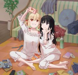 Rule 34 | 2girls, ayaseasumi, bare shoulders, barefoot, black hair, blonde hair, blurry, blurry background, cellphone, chips (food), clenched teeth, closed mouth, commentary request, controller, couch, food, frilled pants, frilled shirt, frills, hair between eyes, hand around waist, highres, holding, holding phone, indian, indoors, inoue takina, long hair, looking up, lycoris recoil, multiple girls, nishikigi chisato, off-shoulder shirt, off shoulder, pajamas, pants, phone, plant, potted plant, purple eyes, red eyes, remote control, selfie, shirt, short hair, sidelocks, sitting, smartphone, smile, taking picture, teeth, twintails, v, white pants, white shirt, yokozuwari, yuri
