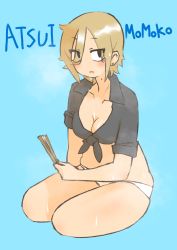 Rule 34 | 1girl, absurdres, black shirt, blonde hair, blue background, breasts, character name, cocoa fuumi, front-tie top, full body, hair between eyes, highres, jitome, looking at viewer, mole, mole on neck, office lady, original, panties, sanpaku, shirt, short hair, simple background, solo, summer, tied shirt, underwear