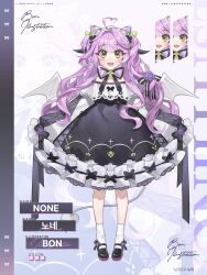 1girl :d absurdres ahoge ankle_socks arms_at_sides artist_name bat_wings black_bow black_dress black_horns black_ribbon black_shoes bon_(bony_53) bow broken_heart center-flap_bangs character_name collarbone cone_hair_bun cross-laced_clothes cross-laced_dress demon_girl demon_horns demon_tail demon_wings dress fangs flower footwear_flower frilled_dress frilled_sleeves frills full_body green_bow green_eyes green_ribbon hair_bow hair_bun hair_flower hair_ornament hair_ribbon heart heart-shaped_pupils heart_ahoge hell_shot_chu highres horns korean_commentary light_blush long_hair long_sleeves looking_at_viewer maid_headdress mary_janes medium_dress neck_ribbon none_(hell_shot_chu) off-shoulder_dress off_shoulder open_mouth print_dress puffy_long_sleeves puffy_sleeves purple_flower purple_hair ribbon shoes sleeve_bow sleeves_past_fingers sleeves_past_wrists smile socks solo standing straight-on striped_ribbon symbol-shaped_pupils tail teeth tress_ribbon two_side_up very_long_hair wavy_hair white_background white_socks white_wings wings zoom_layer