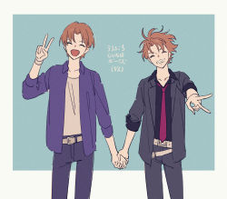 Rule 34 | 2boys, :d, ^ ^, bad id, bad pixiv id, brown hair, closed eyes, color connection, creator connection, curtained hair, fate/zero, fate (series), hair color connection, highres, holding hands, ishida akira (voice actor), jacket, kagari shuusei, look-alike, male focus, messy hair, multiple boys, namihaya, necktie, open mouth, orange hair, psycho-pass, smile, translated, uryuu ryuunosuke, v