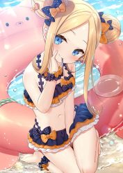 Rule 34 | 1girl, abigail williams (emerald float) (fate), abigail williams (fate), bare shoulders, barefoot, bikini, black bikini, black bow, blonde hair, blue eyes, blush, bow, closed mouth, commentary request, day, double bun, emerald float, fate/grand order, fate (series), feet, forehead, hair bow, hair bun, hand up, head tilt, innertube, kneeling, long hair, looking at viewer, navel, official alternate costume, orange bow, outdoors, parted bangs, plate, polka dot, polka dot bow, sidelocks, smile, solo, swim ring, swimsuit, utensil in mouth, water, yano mitsuki (nanairo)