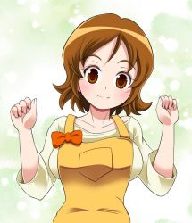 Rule 34 | 10s, 1girl, breasts, brown eyes, brown hair, happinesscharge precure!, large breasts, looking at viewer, oomori yuuko, overalls, precure, shiawase ni naru, short hair, smile, solo