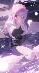 1girl absurdres bare_legs bikini blue_archive blush breasts competition_school_swimsuit duplicate feathered_wings hair_ornament hair_scrunchie halo hand_on_own_chest highres huhi_(huhi_1211) large_breasts long_hair looking_at_viewer mika_(blue_archive) partially_submerged pink_hair pixel-perfect_duplicate pool refraction school_swimsuit scrunchie smile solo swimsuit trinity_general_school_swimsuit very_long_hair white_bikini wings