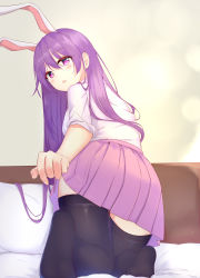 Rule 34 | 1girl, absurdres, animal ears, ass, black thighhighs, blush, breasts, diving penguin, extra ears, fingernails, from behind, hair behind ear, hair between eyes, highres, indoors, long hair, looking at viewer, looking back, medium breasts, on bed, parted lips, pillow, pleated skirt, purple eyes, purple hair, purple skirt, rabbit ears, reisen udongein inaba, shirt, skirt, sleeves rolled up, soles, solo, tareme, thighhighs, touhou, triangle mouth, very long hair, wall, white shirt