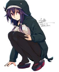 Rule 34 | 1girl, ahoge, arm support, bad id, bad pixiv id, black pantyhose, black shirt, blue hair, closed mouth, dated, hair between eyes, hair flaps, hair over shoulder, hand on own thigh, hood, hoodie, kantai collection, long hair, long sleeves, looking at viewer, low twintails, nmz (namazu), pantyhose, platform footwear, red eyes, sandals, shirt, signature, simple background, sleeves past wrists, solo, squatting, taigei (kancolle), twintails, twitter username, white background, zouri