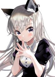Rule 34 | 1girl, animal ear fluff, animal ears, black dress, blue eyes, braid, braided bangs, buttons, cat ears, collared dress, dress, earrings, fingers together, highres, hisakawa hayate, idolmaster, idolmaster cinderella girls, jewelry, kanda done, long hair, looking at viewer, puffy short sleeves, puffy sleeves, short sleeves, sidelocks, silver hair, simple background, solo, upper body, very long hair, white background